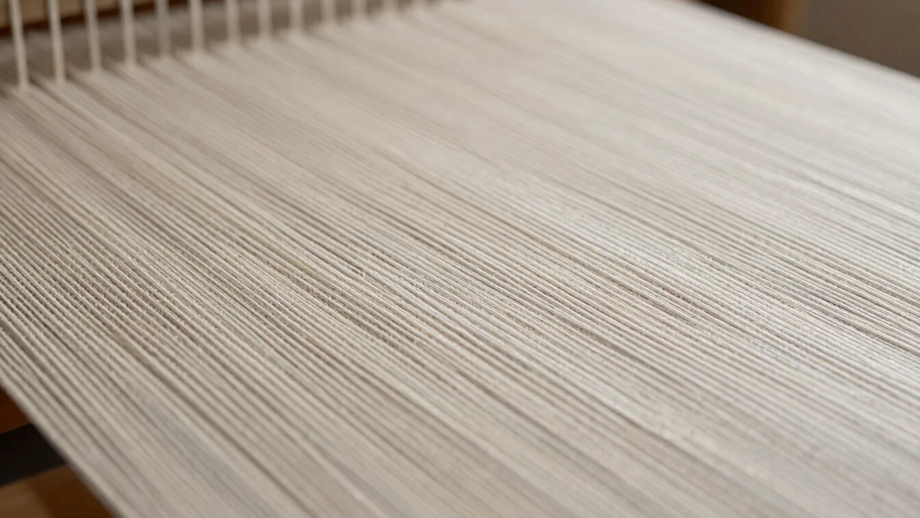 Macro studio photograph of tensioned warp threads on a handloom, soft diffused daylight revealing fine weave texture, ne