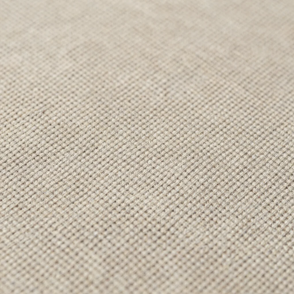 Close detail of a twill weave textile surface in a synthetic fiber blend, soft diffused daylight, tactile neutral tones,