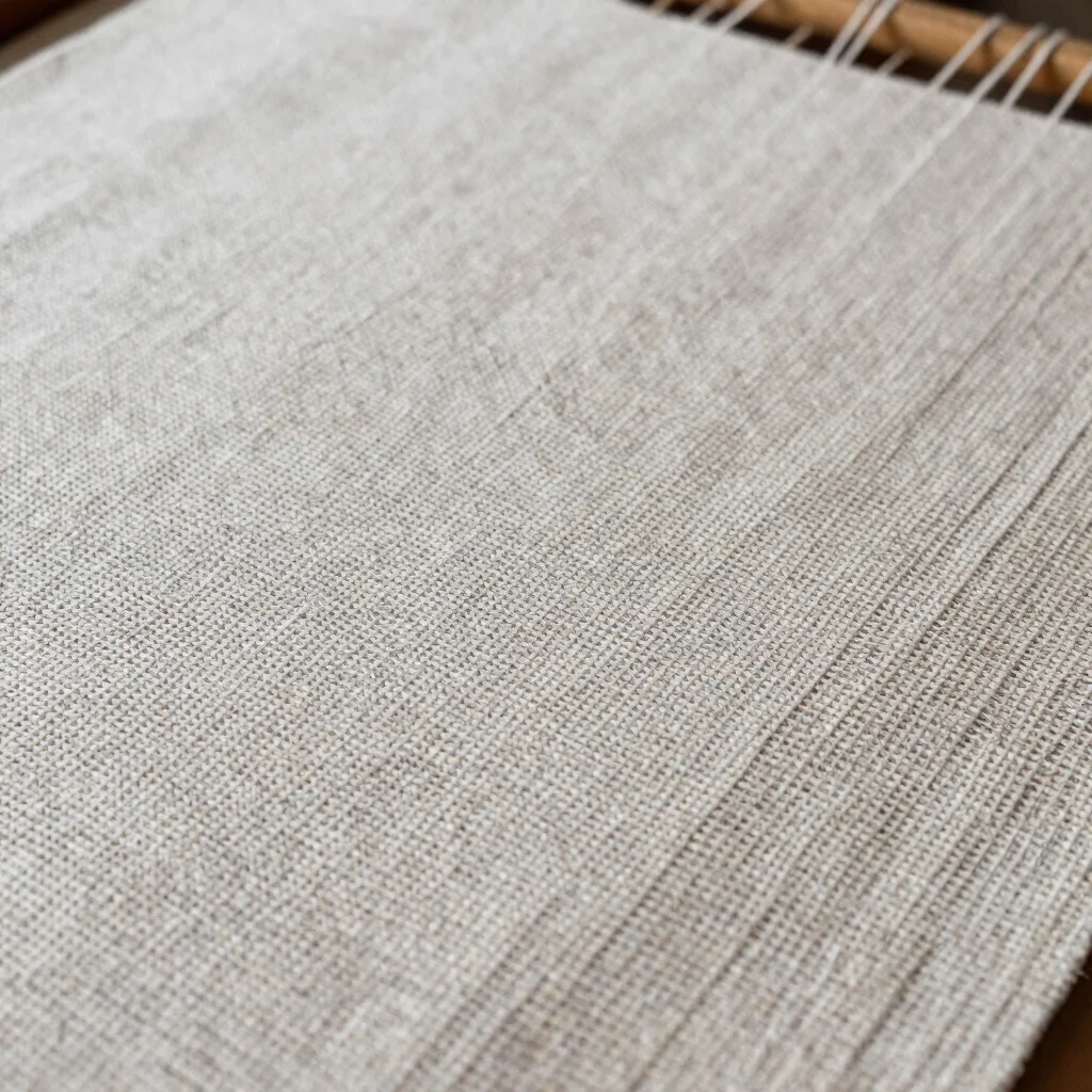 Handloom warp and weft detail with a fiber-blend fabric partly unwound, soft diffused daylight, thread tension visible,