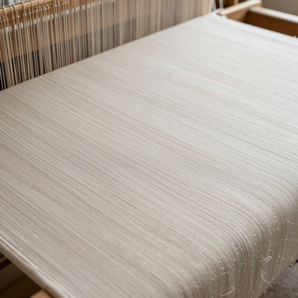 Wide view of a handloom with a partly woven fabric in progress, soft daylight, neutral background, loom context visible,