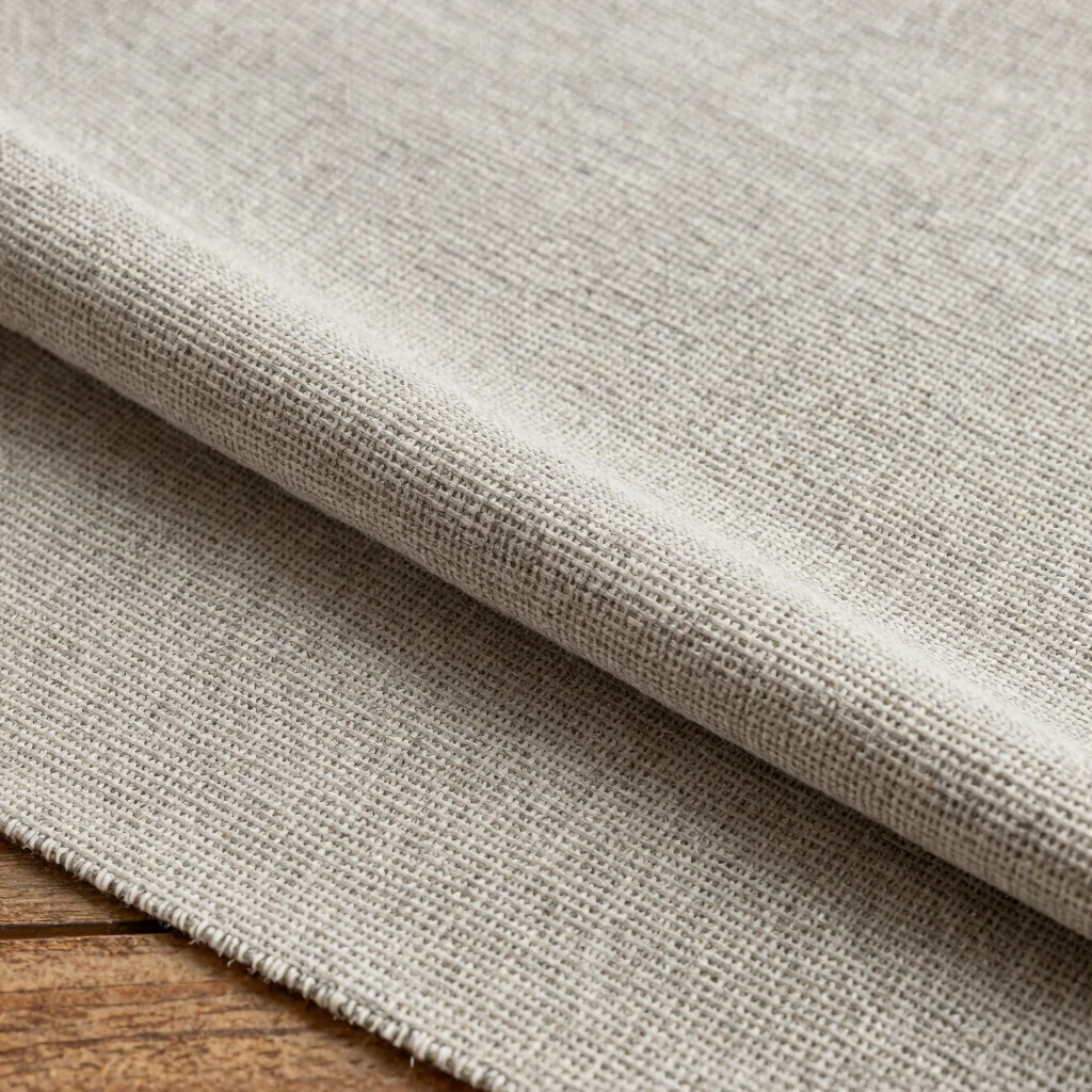 Dense woven fabric drape folded over a wooden surface, soft diffused daylight, fiber blend texture visible, neutral tone