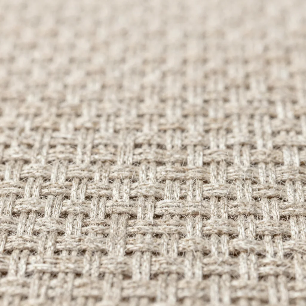 Macro studio photograph of a handwoven plain weave swatch in a man-made fiber blend, soft diffused daylight revealing th